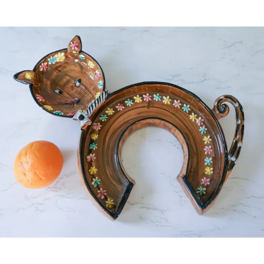 VTG 60s Elbee Italy Ceramic Cat Kitten Flower Tray Bowl Atomic Cottagecore